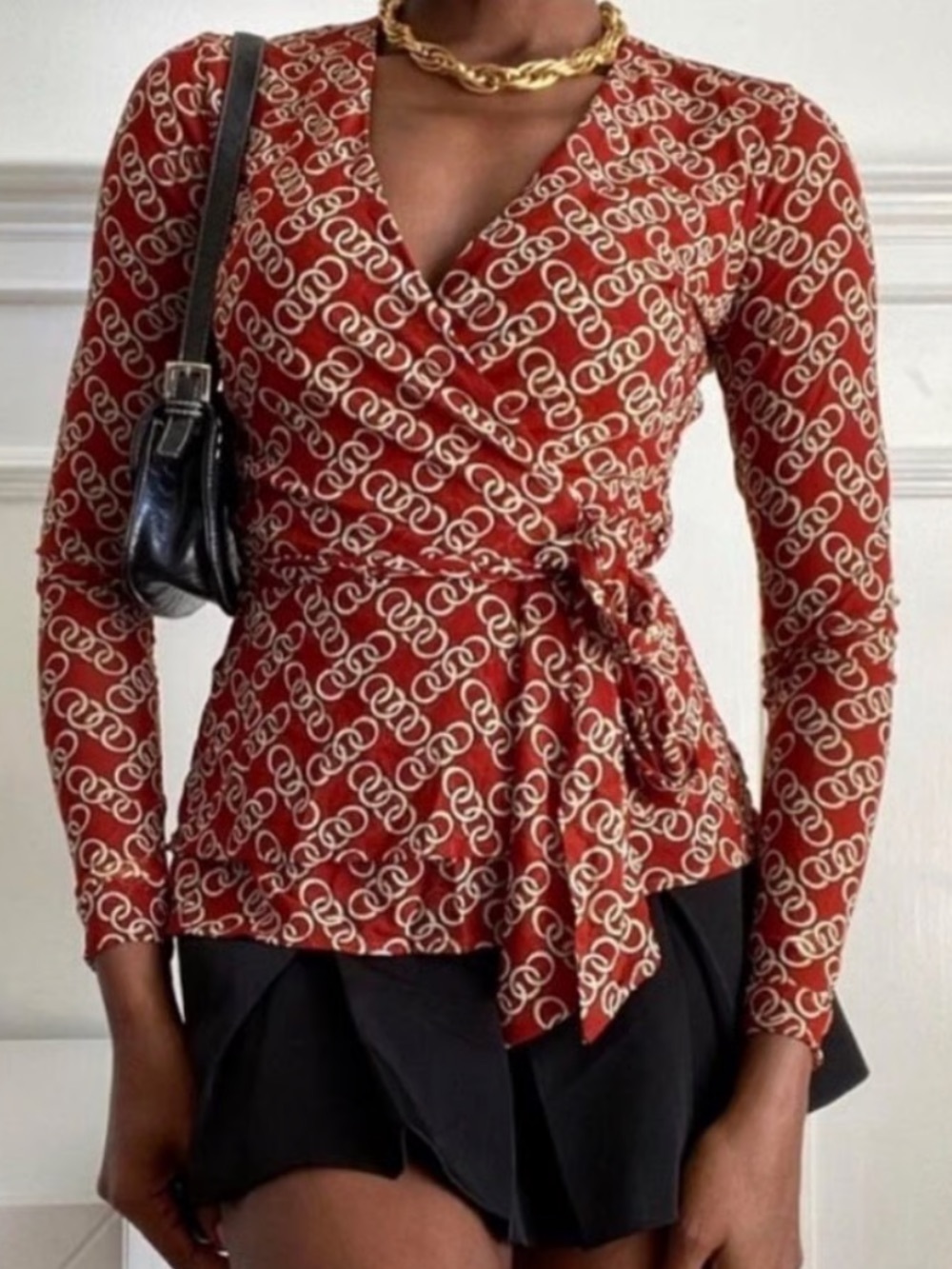 CABI Womens Mesh Ringleader Wrap Top Size Medium Long Sleeve Chain Print Office